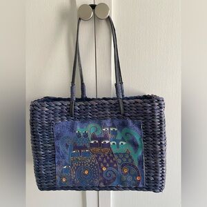 Sun And Sand Artistic Blue Cat Design Woven Tote Bag Excellent shape